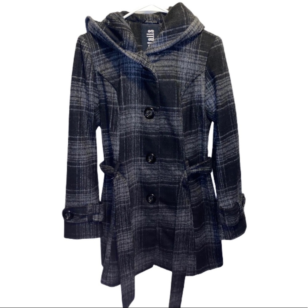 Black & Gray Wool Blend Plaid Button Up Midi Pea Coat Size S